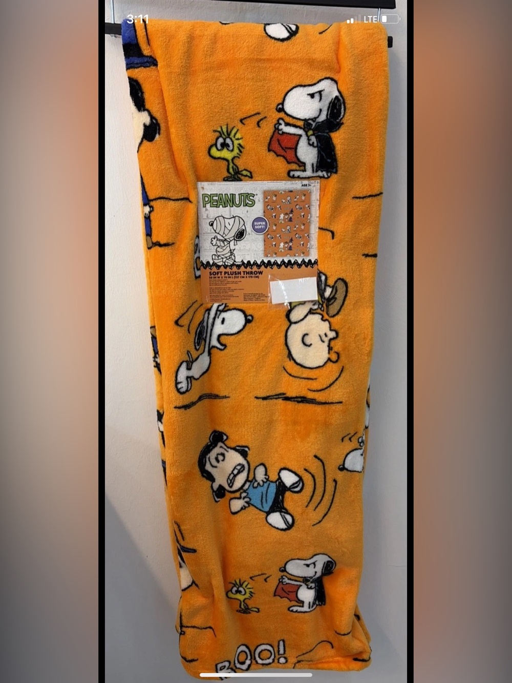 Peanuts 50x70in BOO Throw Blanket Super Soft Polyester Orange Halloween Snoopy